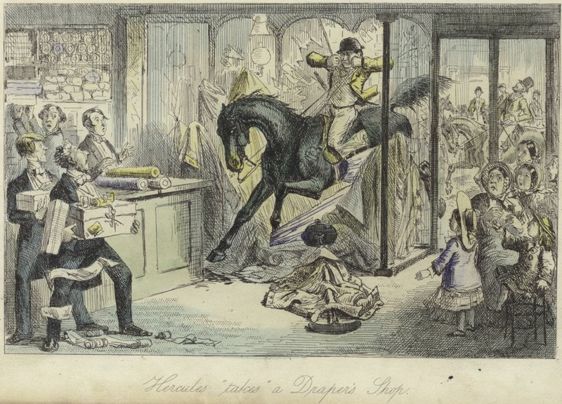 Herkules bierze sklep Drapera autorstwa John Leech