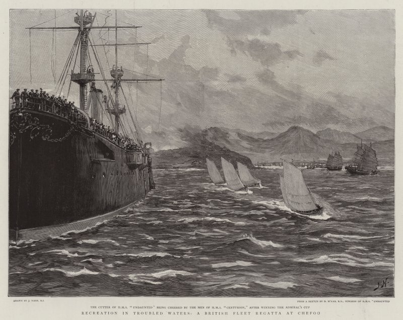 Recreation in Troubled Waters, brytyjskie regaty floty w grawerowaniu Chefoo autorstwa Joseph Nash