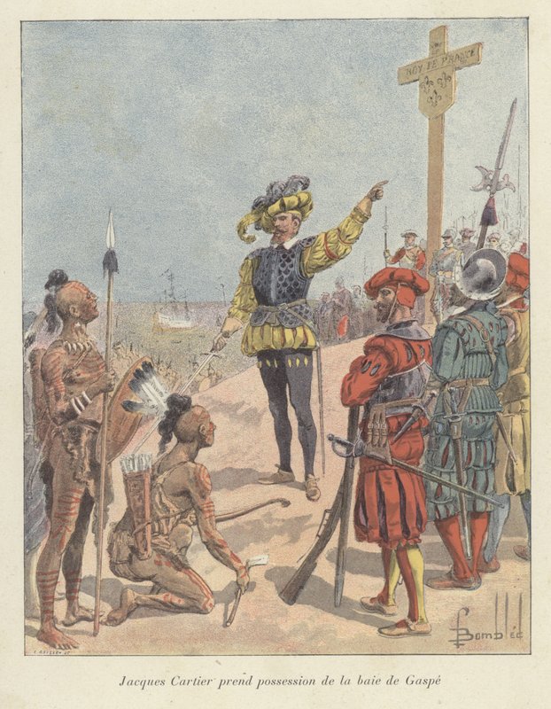 Jacques Cartier twierdzi, że francuskie posiadanie Gaspe Bay, Kanada, 1534 autorstwa Louis Charles Bombled
