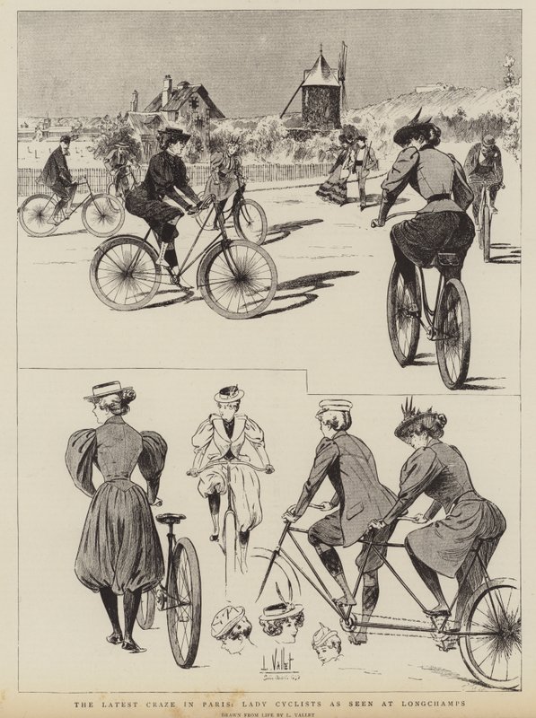 Najnowsze szaleństwo w Paryżu, Lady Cyclists widziana w Longchamps autorstwa Louis Vallet