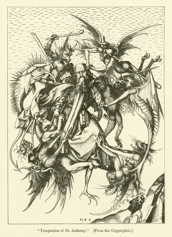 Kuszenie św. Antoniego (rycina) autorstwa Martin (after) Schongauer
