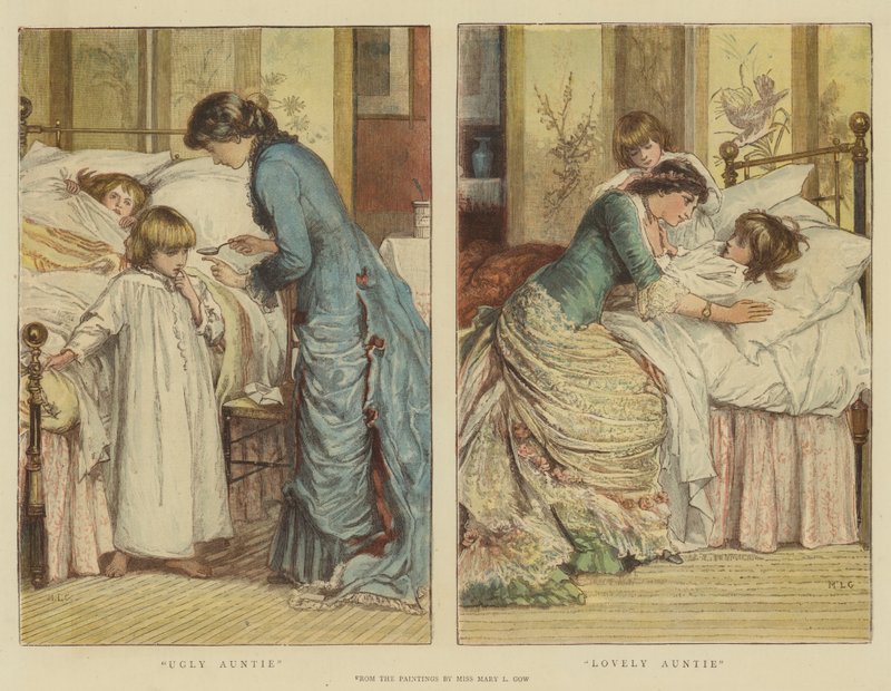 Brzydka ciocia, urocza ciociu (chromolitho) autorstwa Mary L. Gow
