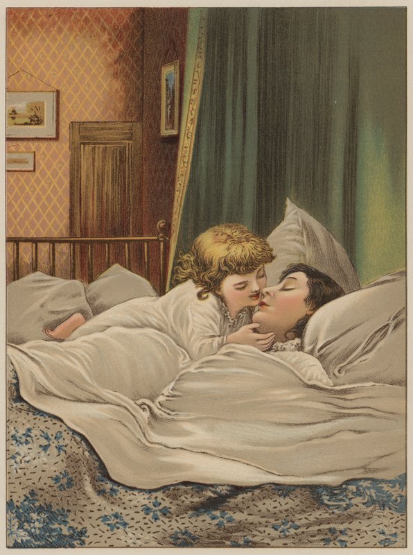 Dziecko w łóżku z matką (chromolitho) autorstwa Mary Ellen Edwards