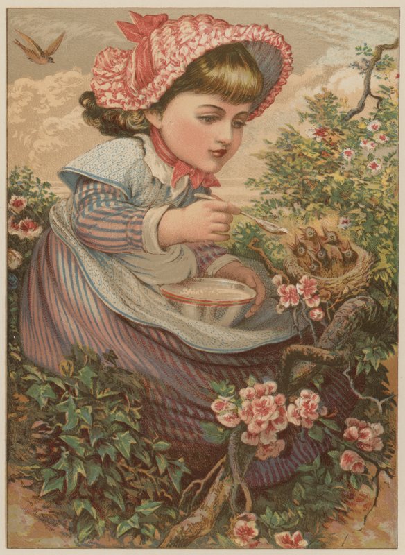 Dziewczynka karmiąca pisklęta (chromolitho) autorstwa Mary Ellen Edwards