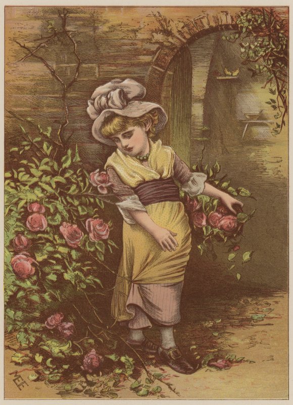 Dziewczyna zbierająca róże (chromolitho) autorstwa Mary Ellen Edwards