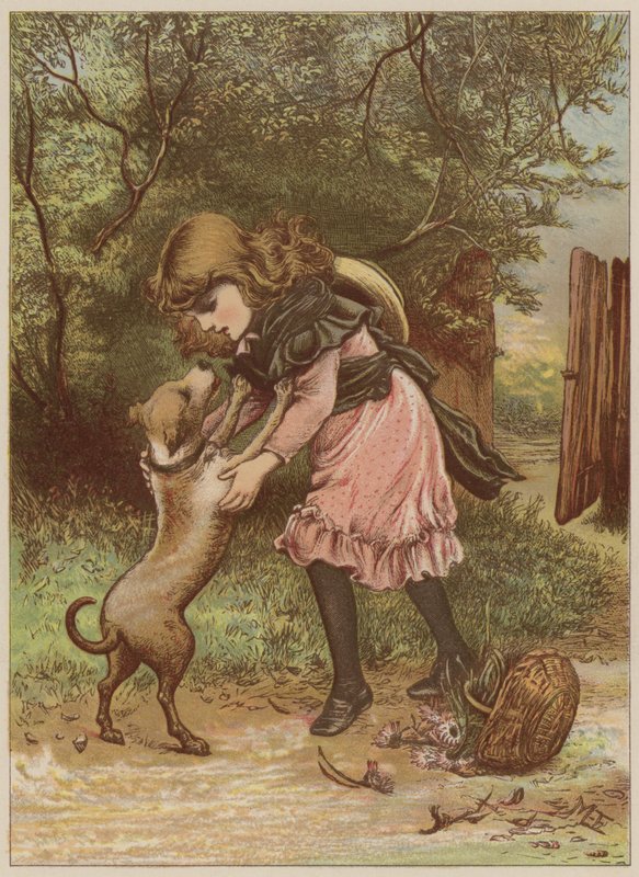 Dziewczyna bawi się z psem (chromolitho) autorstwa Mary Ellen Edwards