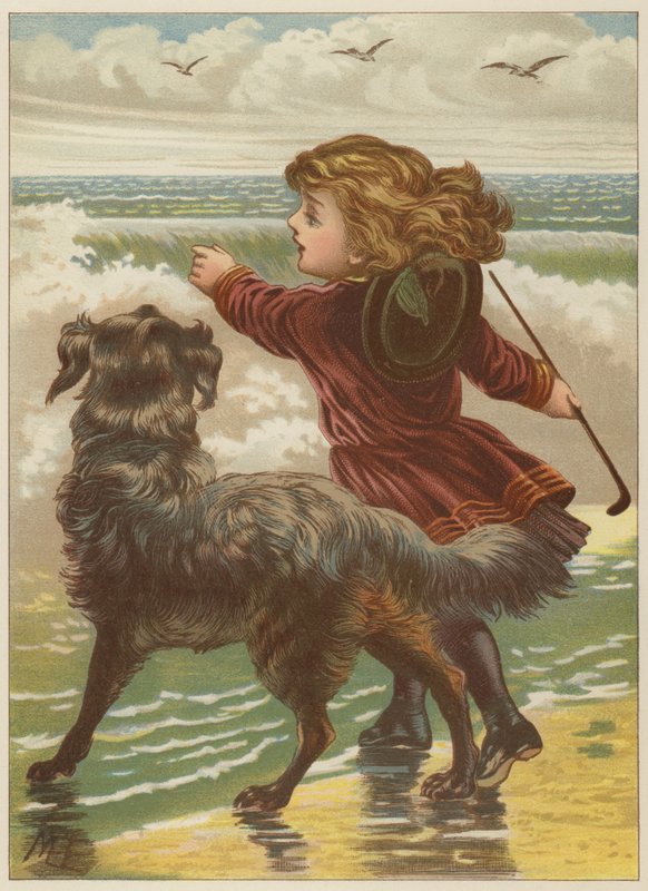 Dziewczyna z psem na plaży (chromolitho) autorstwa Mary Ellen Edwards