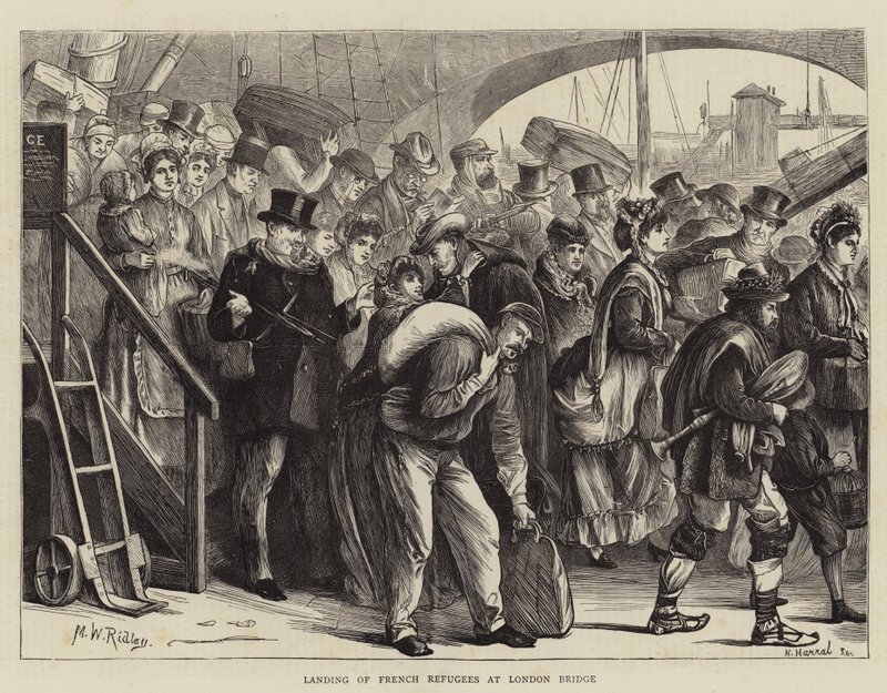 Lądowanie francuskich uchodźców na London Bridge autorstwa Matthew White Ridley