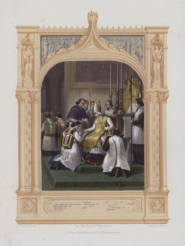 Przyjęcie do święceń (akwatinta) autorstwa Maurice Leloir