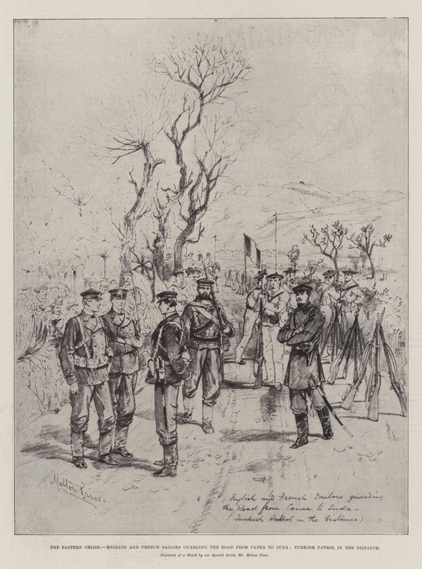 Kryzys wschodni, angielscy i francuscy marynarze strzegący drogi z Canei do Sudy, turecki patrol w oddali autorstwa Melton Prior