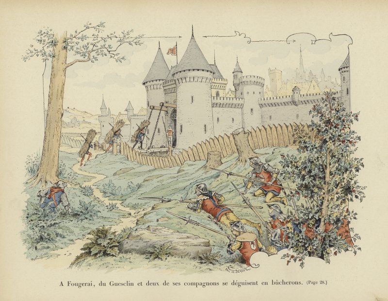 Bertrand du Guesclin i dwaj jego towarzysze przebierają się za drwali, aby zdobyć zamek Grand-Fougeray, 1354 r. autorstwa Paul de Semant