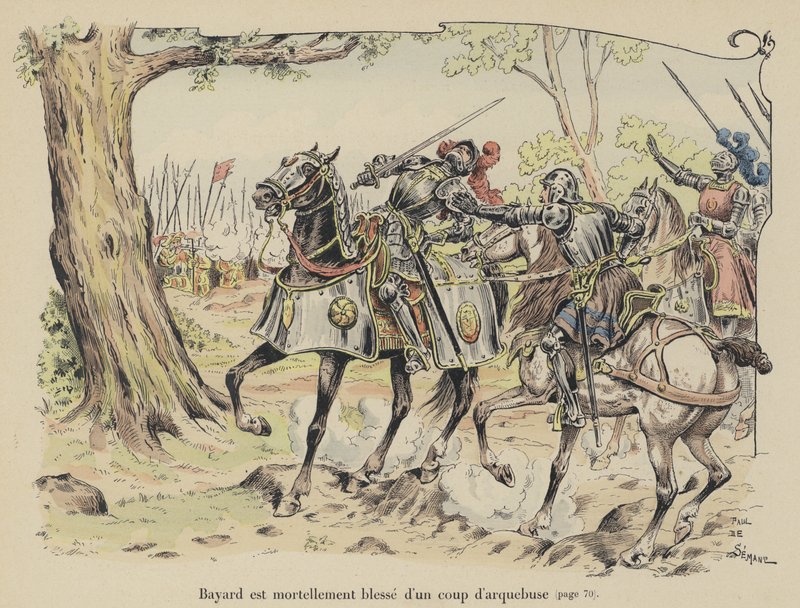 Kawaler de Bayard śmiertelnie ranny kulą z arkebuzów w bitwie nad Sesia, Włochy, 1524 autorstwa Paul de Semant