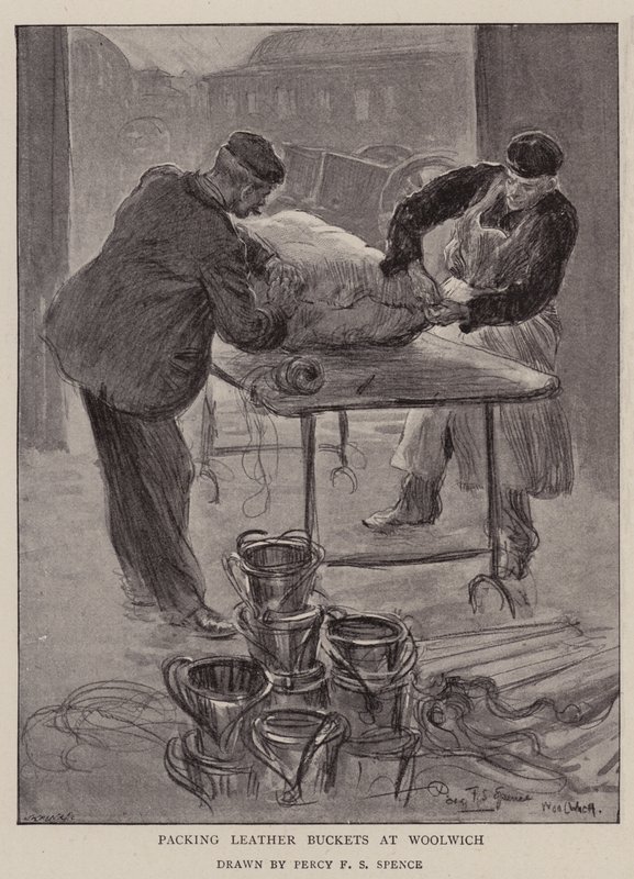 Pakowanie skórzanych wiader w Woolwich autorstwa Percy F.S. Spence