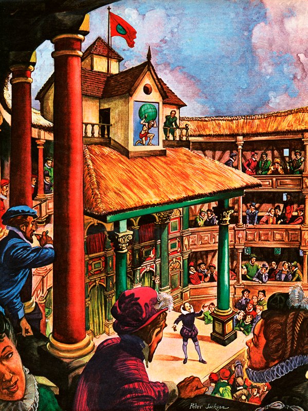 Szekspir występujący w Globe Theatre autorstwa Peter Jackson