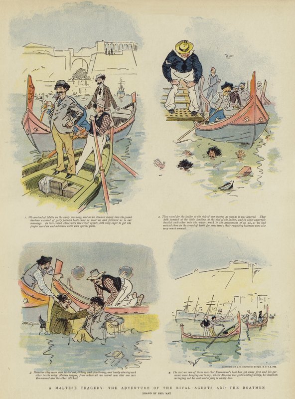 Tragedia maltańska, przygoda rywalizujących agentów i wioślarzy (chromolitho) autorstwa Phil May
