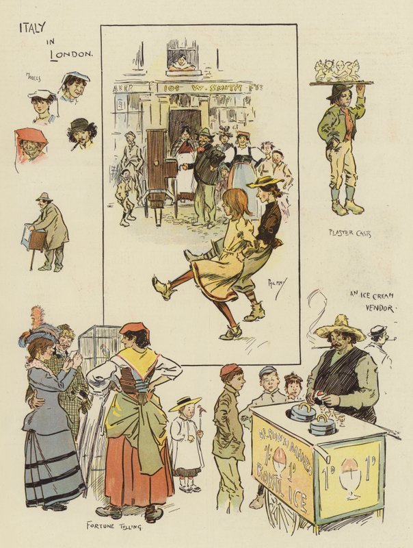 Włochy w Londynie (chromolitho) autorstwa Phil May