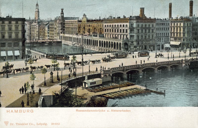 Most Reesendamm, rzeka Alster, Hamburg (kolorowe zdjęcie) autorstwa Photographer German
