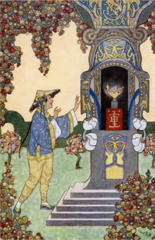 Aladyn znajduje lampę (kolor lito) autorstwa René Bull