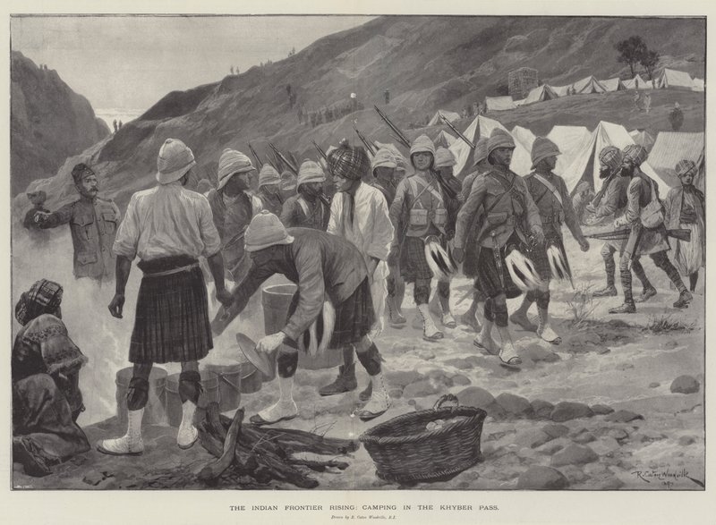 Indian Frontier Rising, biwakowanie na przełęczy Chajber autorstwa Richard Caton Woodville junior