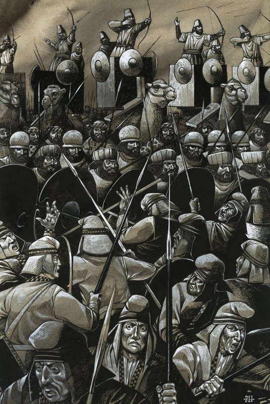 Niezidentyfikowana bitwa z szermierzami i łucznikami autorstwa Richard Hook