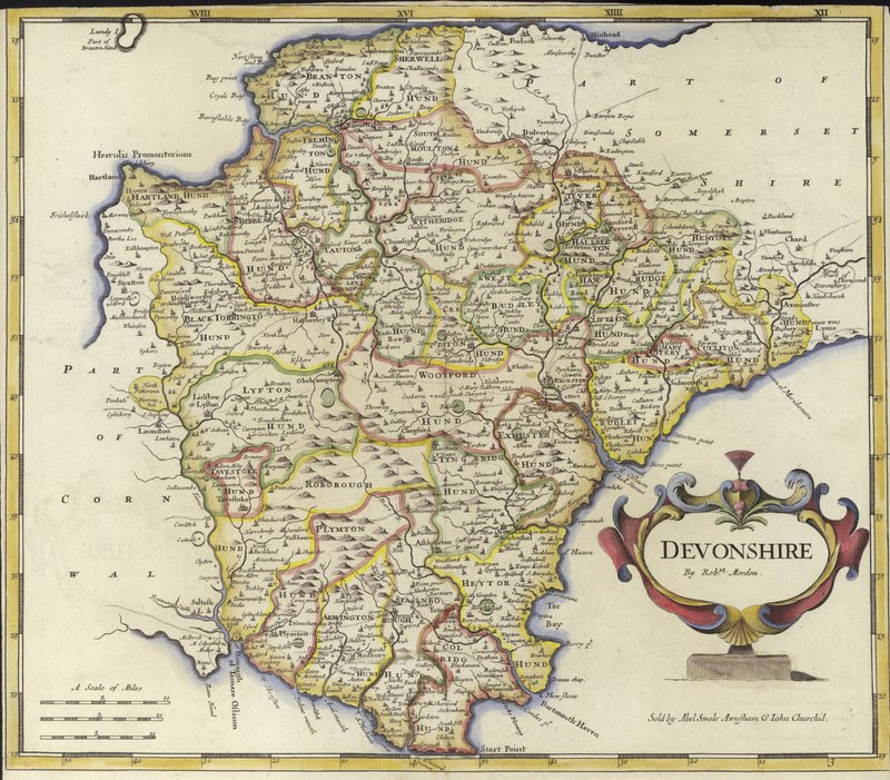 Mapa Devonshire (kolorowa grawerunek) autorstwa Robert Morden
