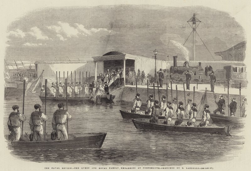 Przegląd marynarki wojennej, królowa i rodzina królewska wyruszają do Portsmouth autorstwa Robert Thomas Landells