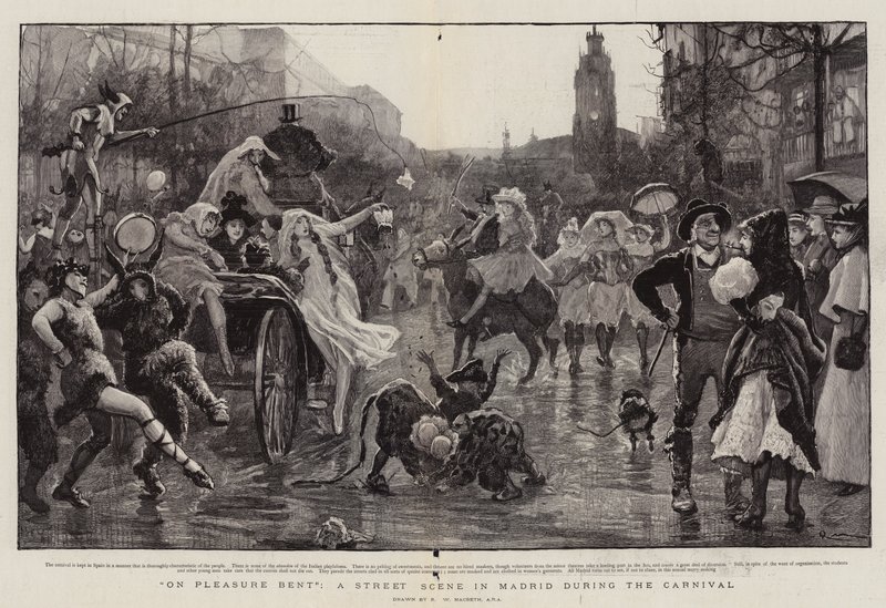 On Pleasure Bent, scena uliczna w Madrycie podczas karnawału autorstwa Robert Walker Macbeth