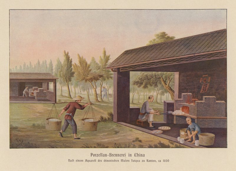 Produkcja porcelany w Chinach (kolorowa litografia) autorstwa School Chinese