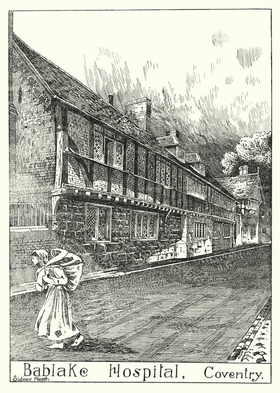 Szpital Bablake, Coventry (grawerowanie) autorstwa Sidney Heath