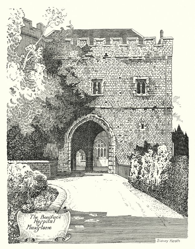 Szpital Bonifacy, Maidstone (grawerowanie) autorstwa Sidney Heath