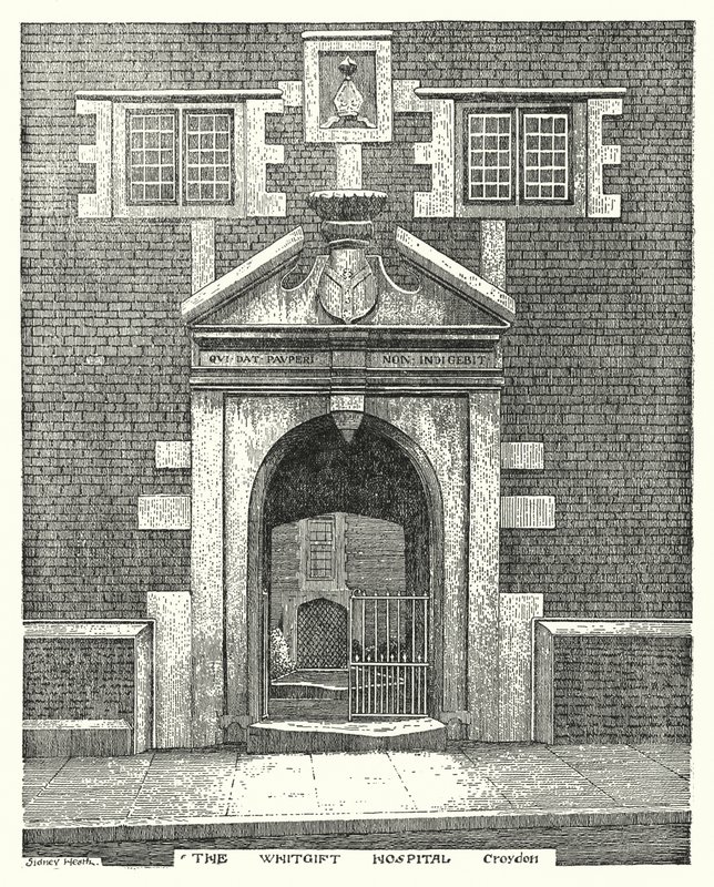Szpital Whitgift, Croydon (grawerowanie) autorstwa Sidney Heath