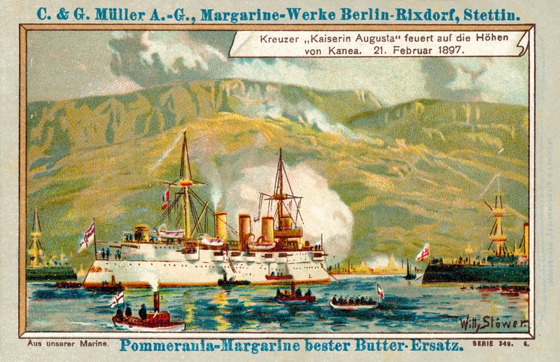 Niemiecki krążownik Kaiserin Augusta ostrzeliwujący wzgórza Chanii na Krecie, 21 lutego 1897 r. (chromolit) autorstwa Stoewer Willy