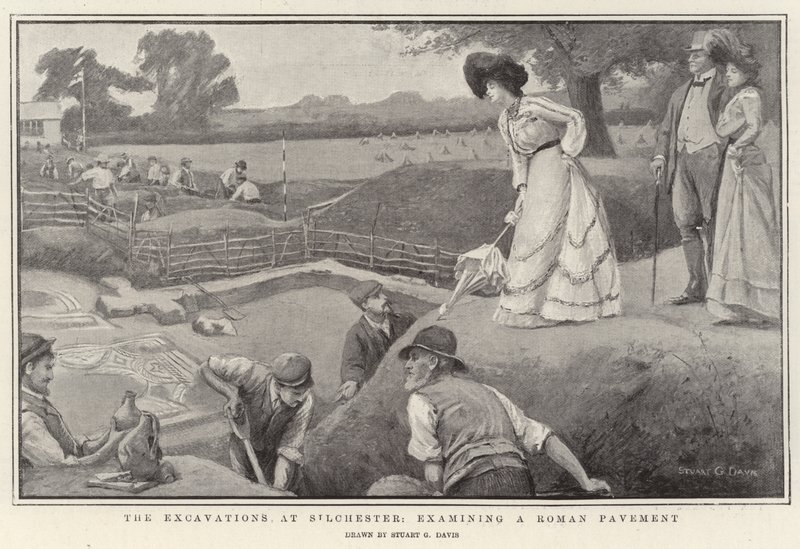 Wykopaliska w Silchester, badanie rzymskiego bruku litho autorstwa Stuart G. Davis