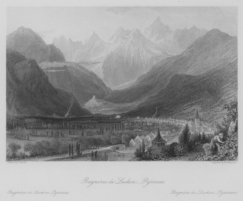 Bagneres de Luchon, Pireneje (grawerowanie) autorstwa Thomas (after) Allom