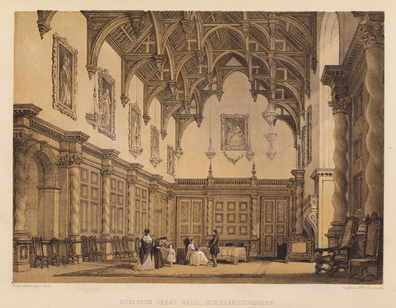 Burleigh Great Hall, Northamptonshire (akwatinta) autorstwa Thomas (after) Allom