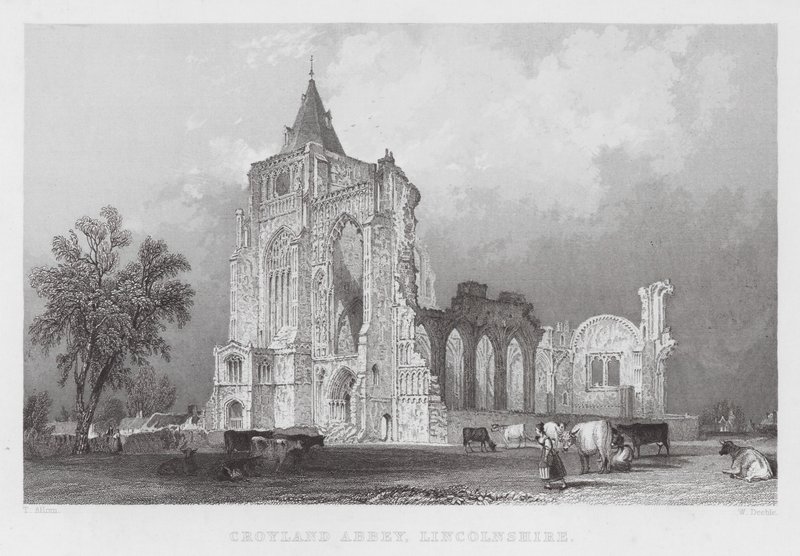 Opactwo Croyland, Lincolnshire (grawerowanie) autorstwa Thomas (after) Allom
