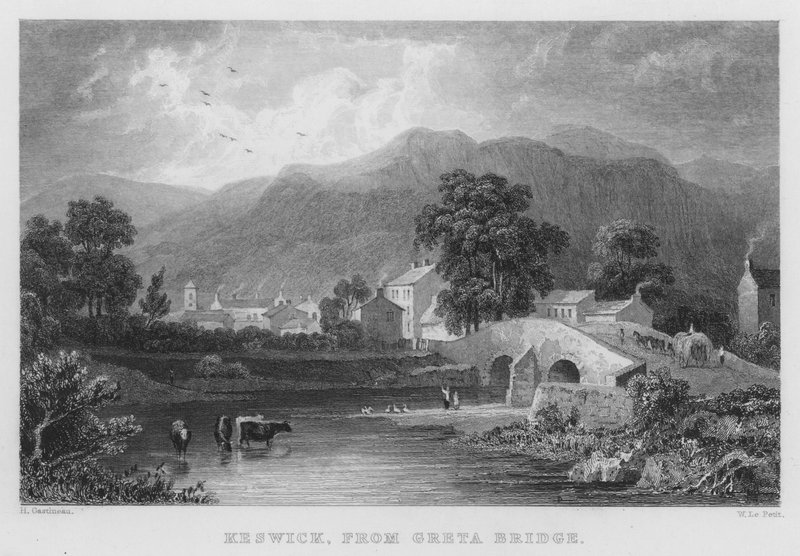 Keswick, z mostu Greta (rycina) autorstwa Thomas (after) Allom
