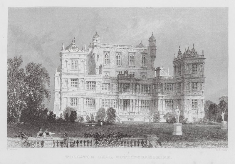Wollaton Hall, Nottinghamshire (grawerowanie) autorstwa Thomas (after) Allom