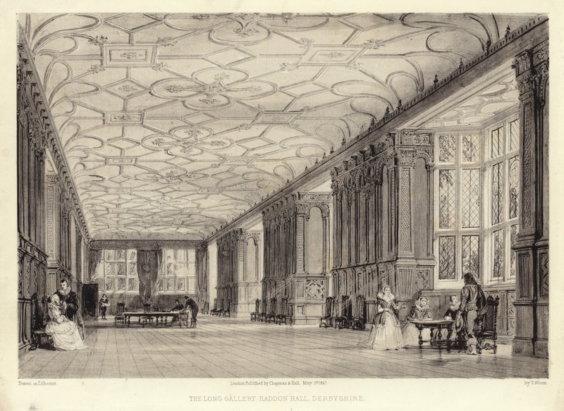 The Long Gallery, Haddon Hall, Derbyshire (lithotint) autorstwa Thomas Allom