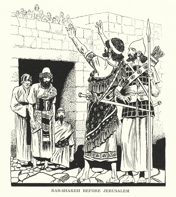 Rab-Szeksz przed Jerozolimą (litografia) autorstwa Thomas Heath Robinson