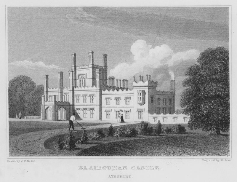 Zamek Blairquhan, Ayrshire (grawerowanie) autorstwa Thomas Hosmer Shepherd