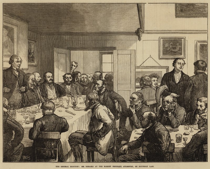 Wybory powszechne, pan Disraeli w Market Ordinary, Aylesbury, w ostatnią sobotę autorstwa Valentine Walter Lewis Bromley