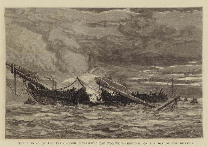 „Spalenie statku szkoleniowego Warspite w Woolwich”, naszkicowany w dniu katastrofy autorstwa Walter William May
