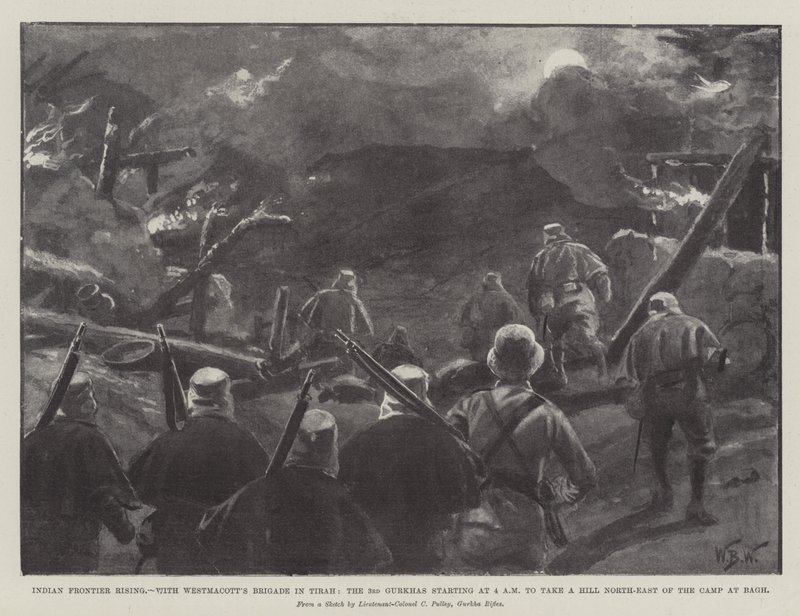 Indian Frontier Rising, z Brygadą Westmacotta w Tirah, 3. Gurkhas, start o 4 rano, aby zająć wzgórze na północny wschód od obozu w Bagh autorstwa William Barnes Wollen