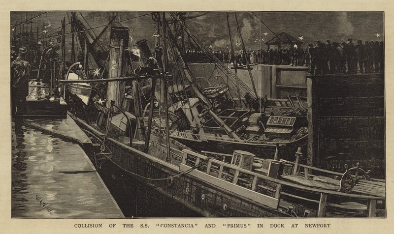 Zderzenie SS Constancia i Primus w doku w Newport autorstwa William Lionel Wyllie