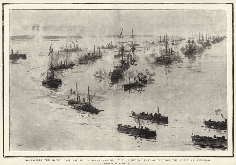 Pożegnanie! Ostatnie pozdrowienie Marynarki Wojennej dla królowej Wiktorii, Alberty przechodzącej przez flotę w Spithead autorstwa William Lionel Wyllie