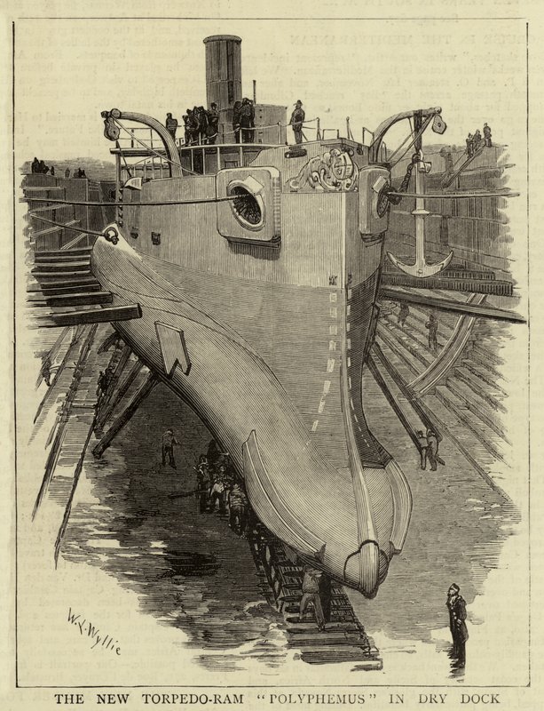 Nowy polifem torpedowy w suchym doku autorstwa William Lionel Wyllie