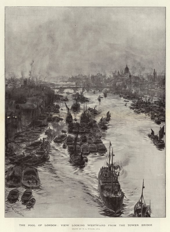The Pool of London, widok na zachód z Tower Bridge autorstwa William Lionel Wyllie