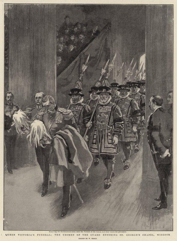 Pogrzeb królowej Wiktorii, Yeomen gwardii wchodzący do kaplicy św. Jerzego w Windsor autorstwa William Small
