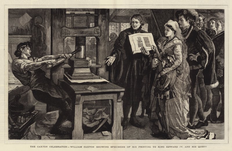 Uroczystość w Caxton, William Caxton pokazujący okazy swojego druku królowi Edwardowi IV i jego królowej autorstwa William Small